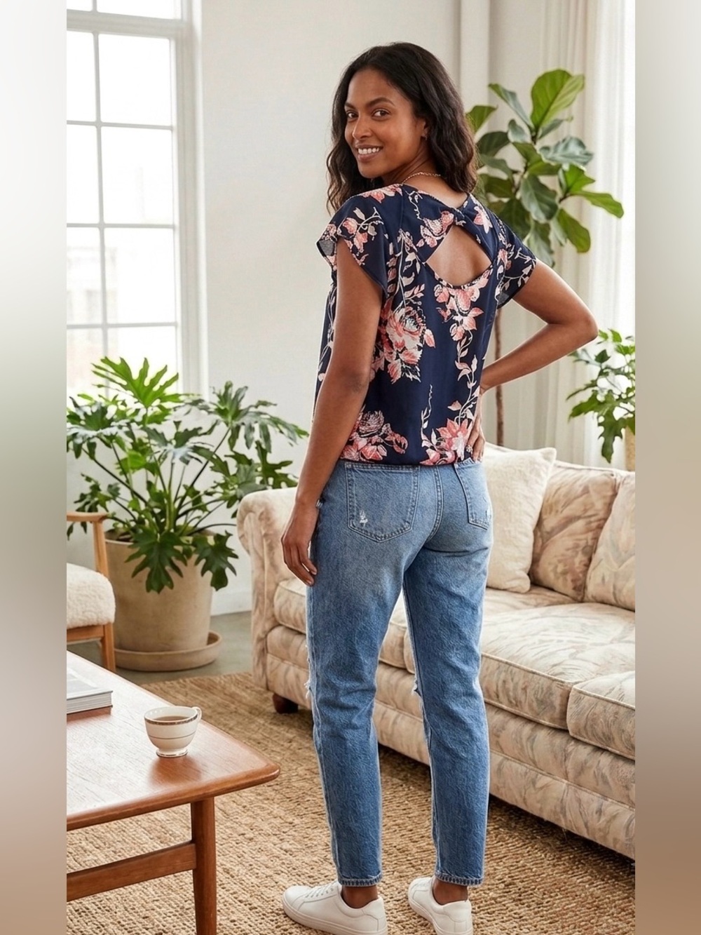 HeartSoul Navy Pink Floral Flutter Sleeve Blouse Lightweight Top - Size Small